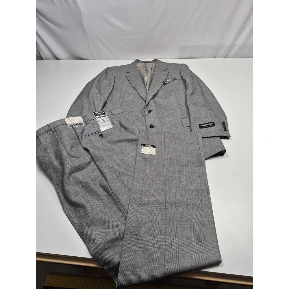 VTG Sansabelt Suit Mens 48 Gray Poly Wool Plaid Tweed 2 Piece 44x36 USA NWT